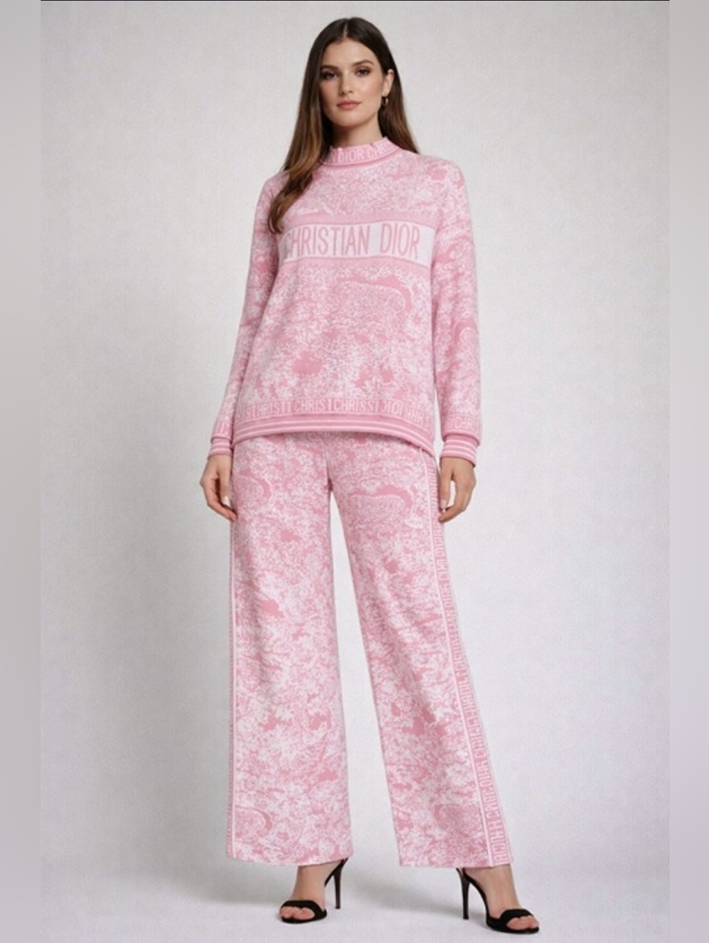 Last Set! 2pcs Stylish Stretchy Knit Pink Patterned Sweater and Pants Set